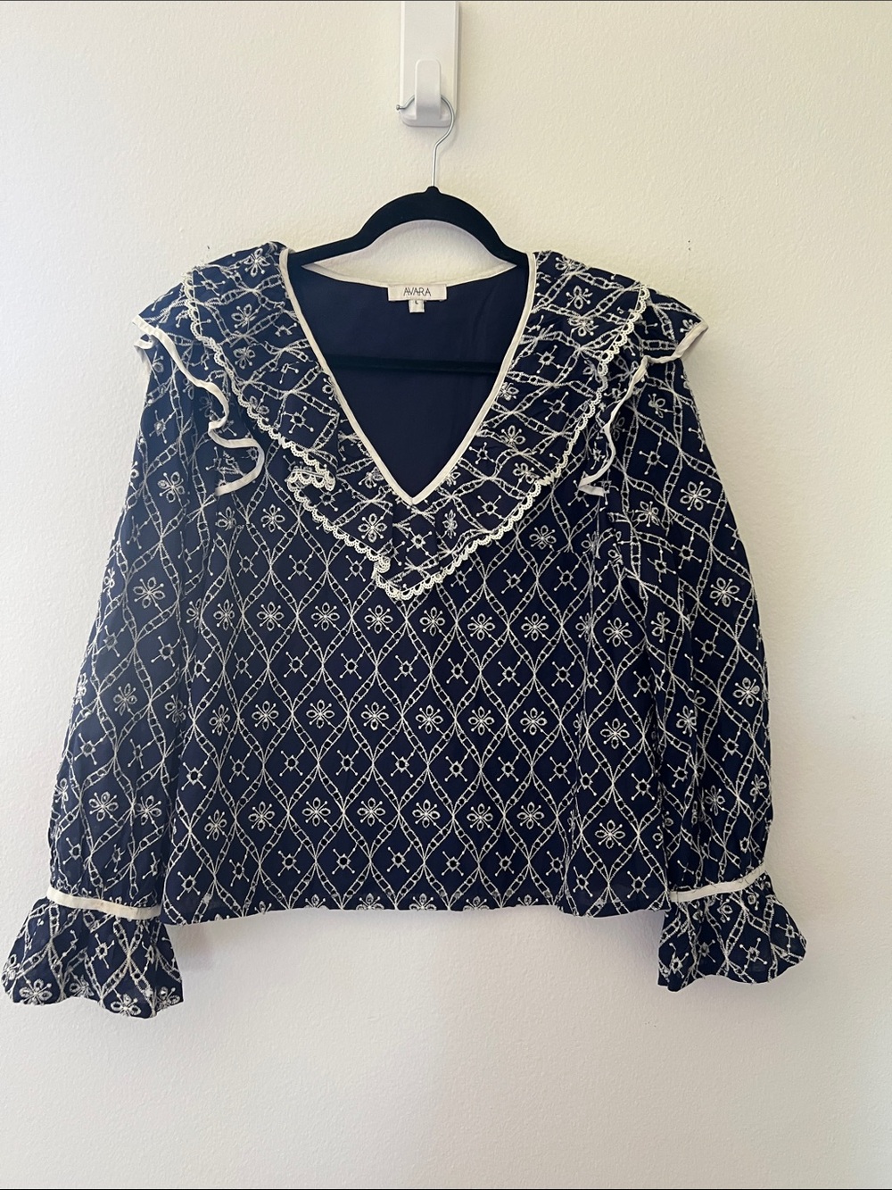 Avara Navy Embroidered V-Neck Ruffle Tunic